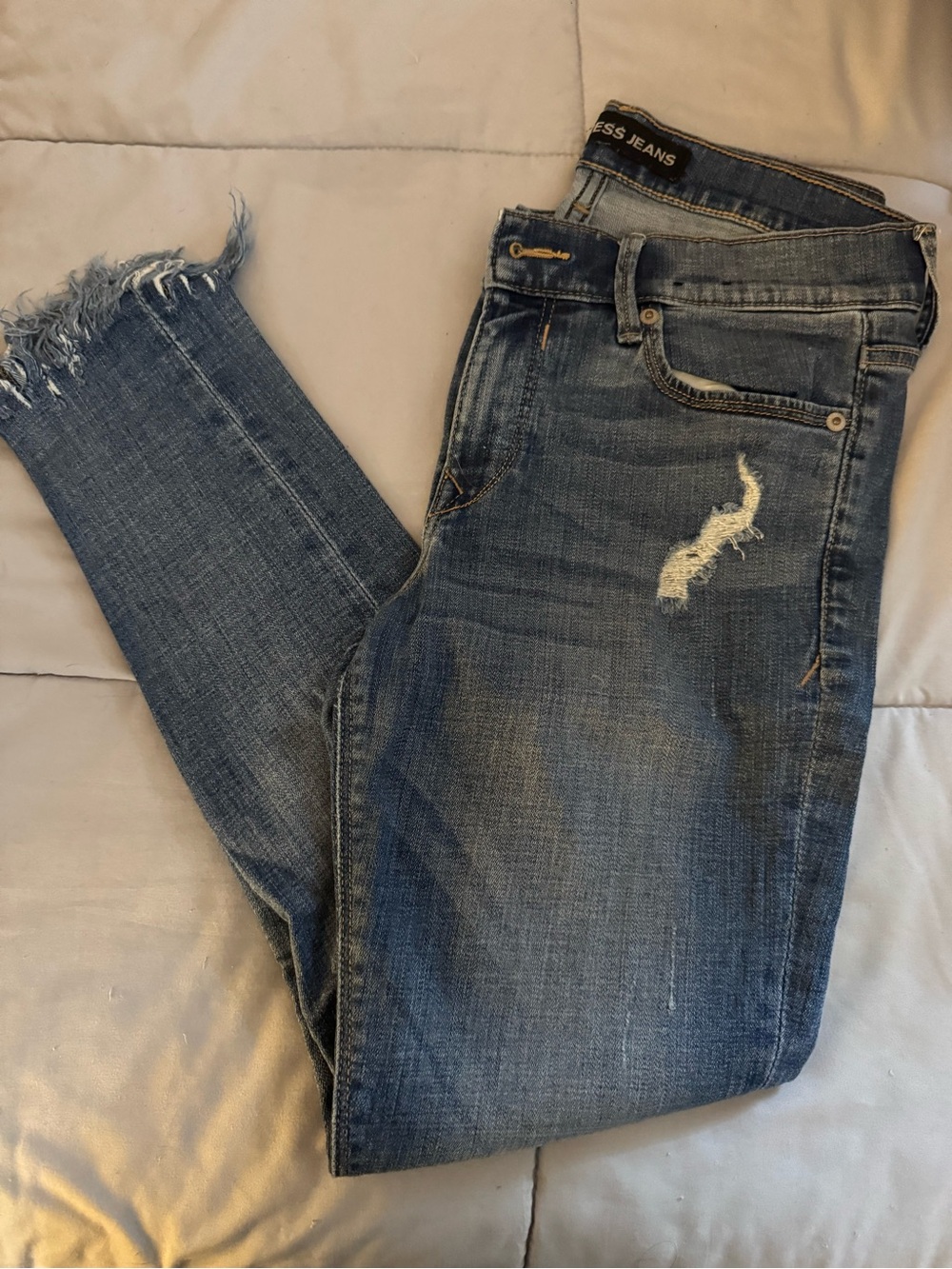Express Frayed Hem Distressed Blue Ankle Jeans